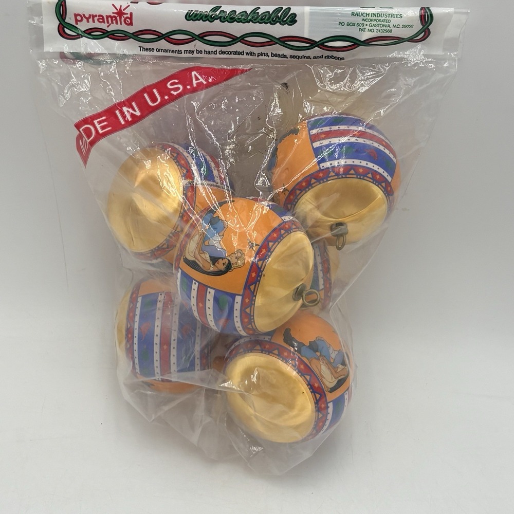 Vtg 1990s Disney Pocahontas Gold Satin  Christmas Ornaments 6 Pack! MADE USA